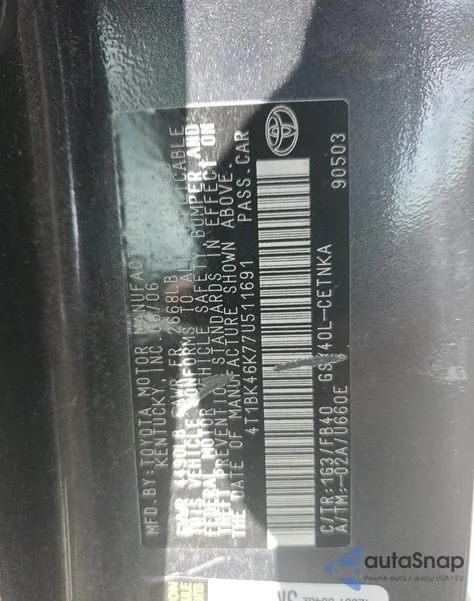 2007 Toyota Camry Le z USA, uszkodzony, nr VIN 4T1BK46K77U511691